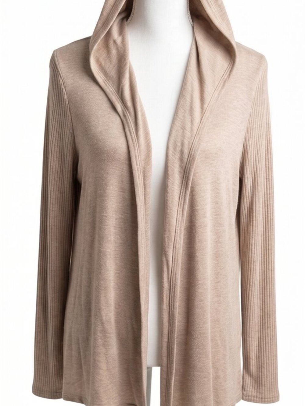 Renuar Open Front Hooded Ribbed Cardigan Tan Taupe-Size Large L